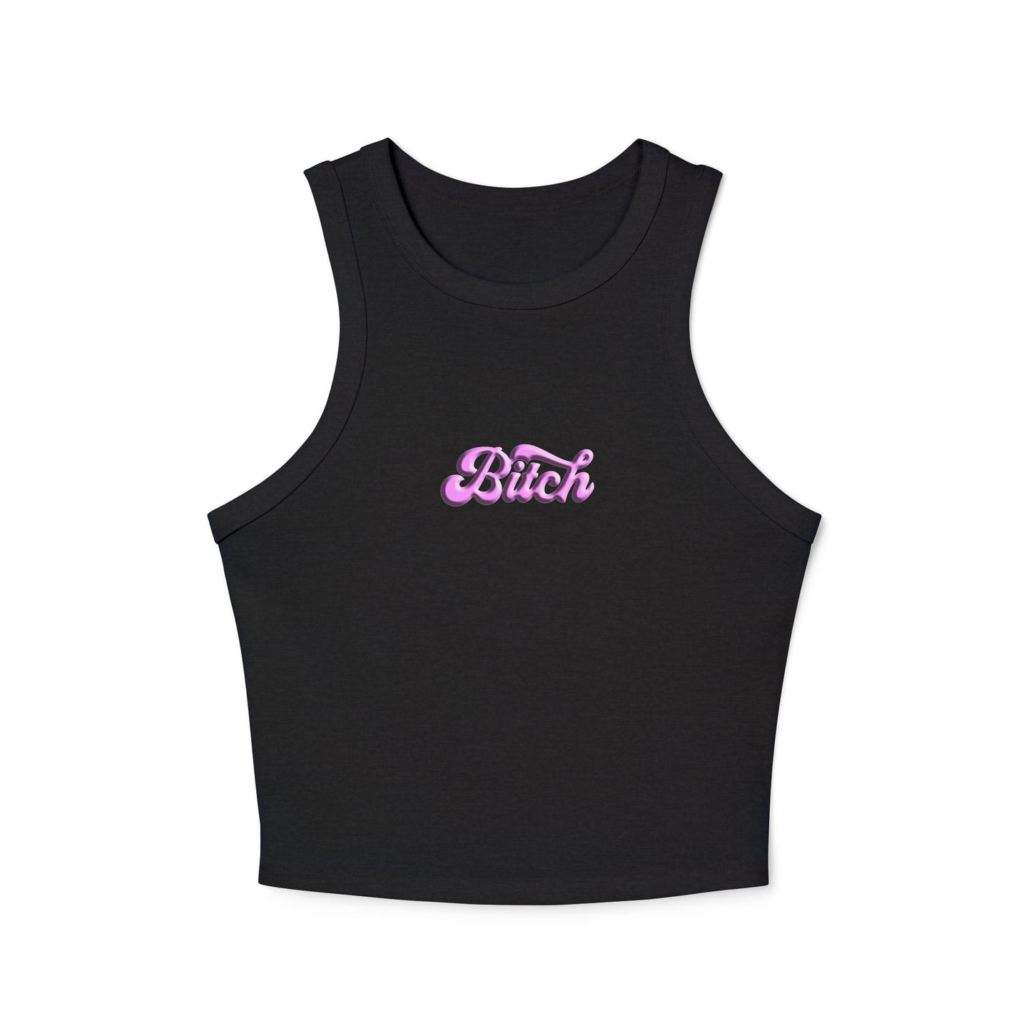 Front view of black ribbed racer crop tank with bold white ‘Bitch’ text and high neckline