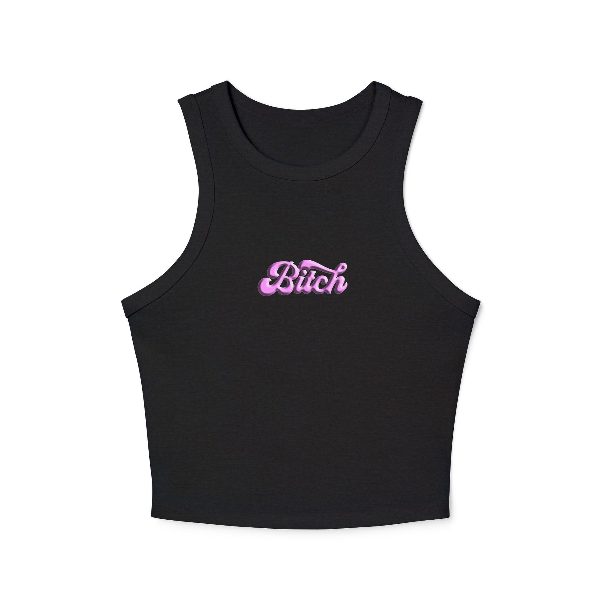 Front view of black ribbed racer crop tank with bold white ‘Bitch’ text and high neckline