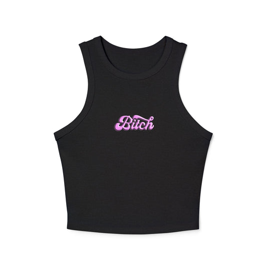 Front view of black ribbed racer crop tank with bold white ‘Bitch’ text and high neckline