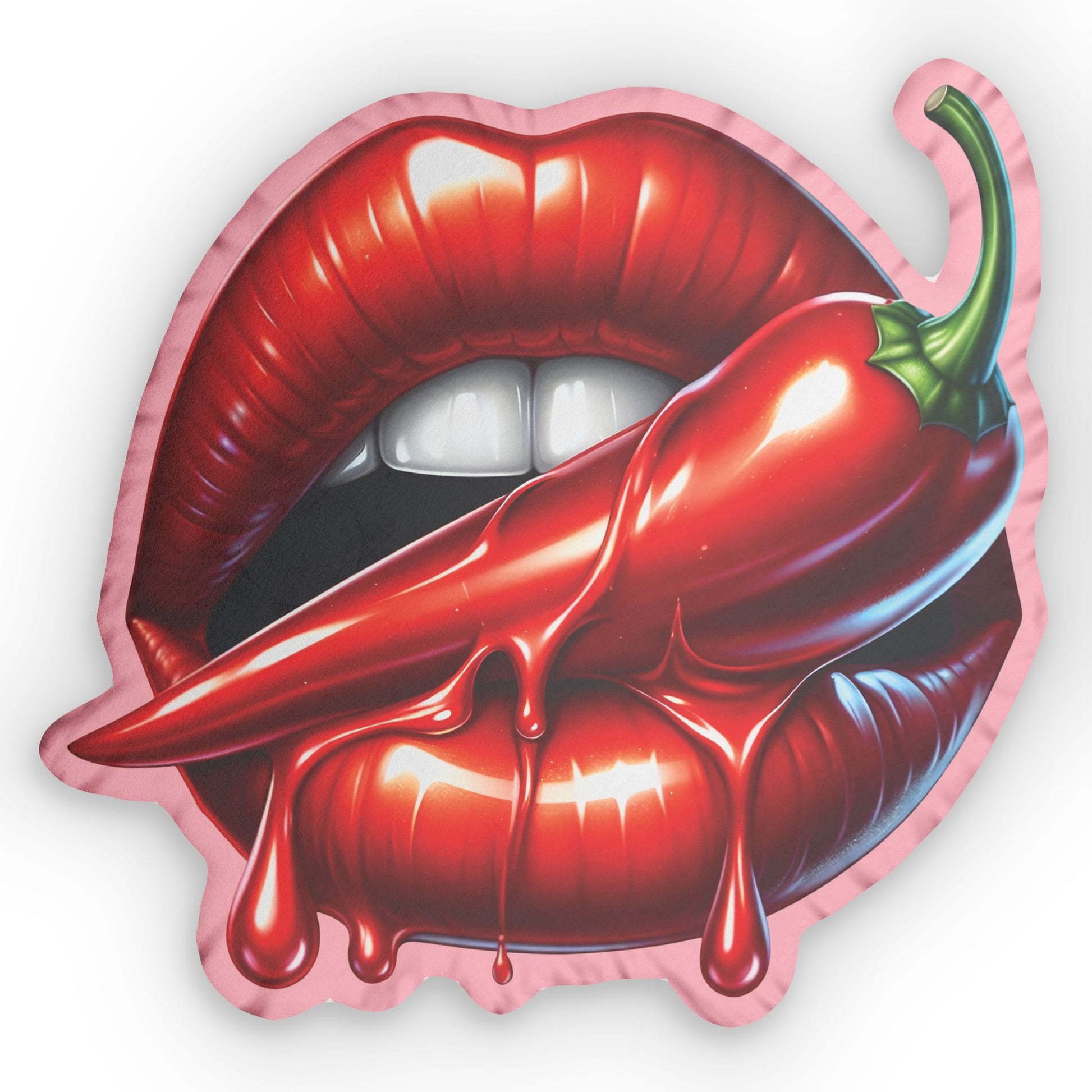 Front view of chili pepper lips-shaped pillow with bold red design and soft plush texture
