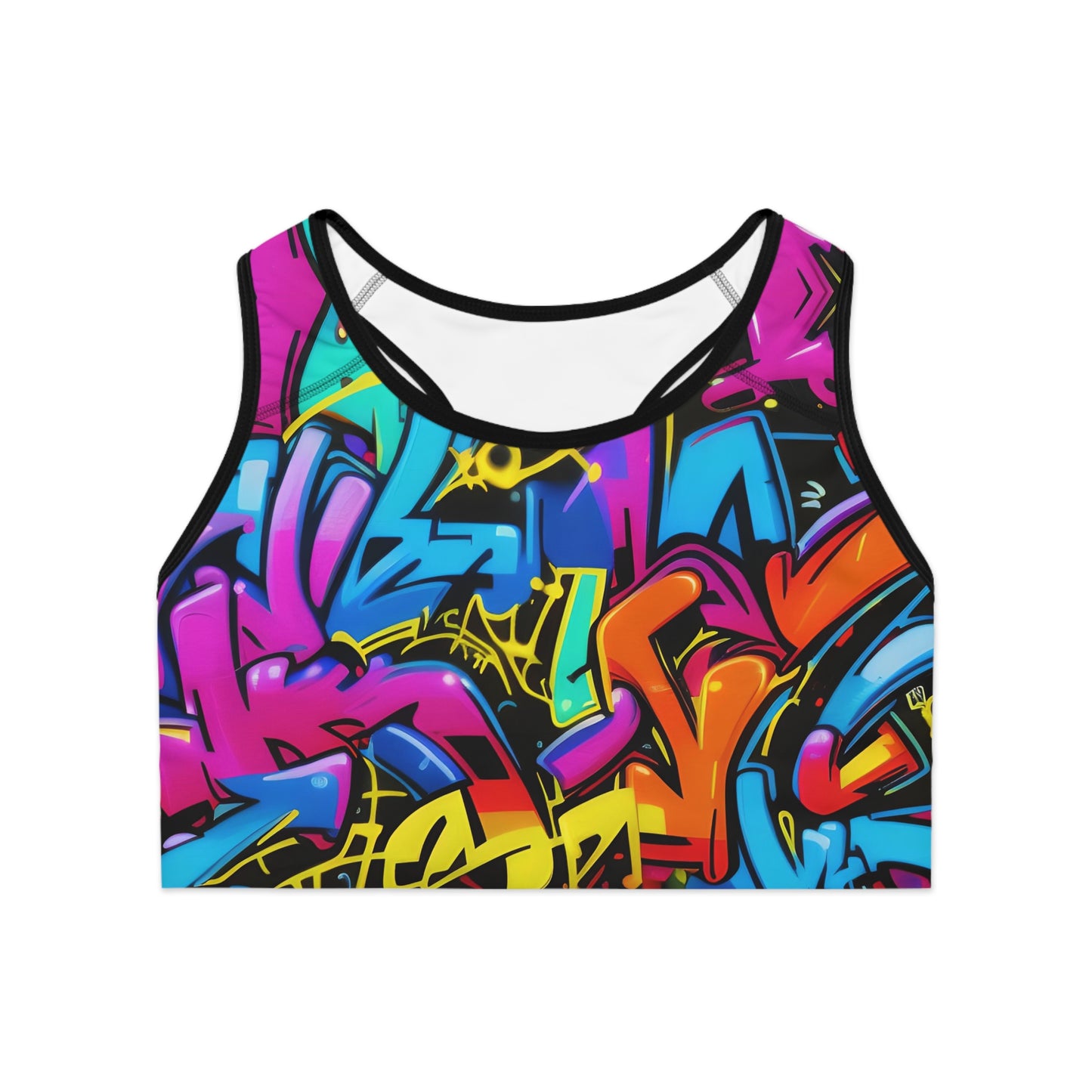 Front view of colorful graffiti sports bra laid flat with bold all-over street art print and compression fit design