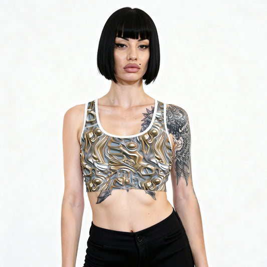 Gold & Silver Futuristic Sports Bra – Luxe Performance. Metallic Power.