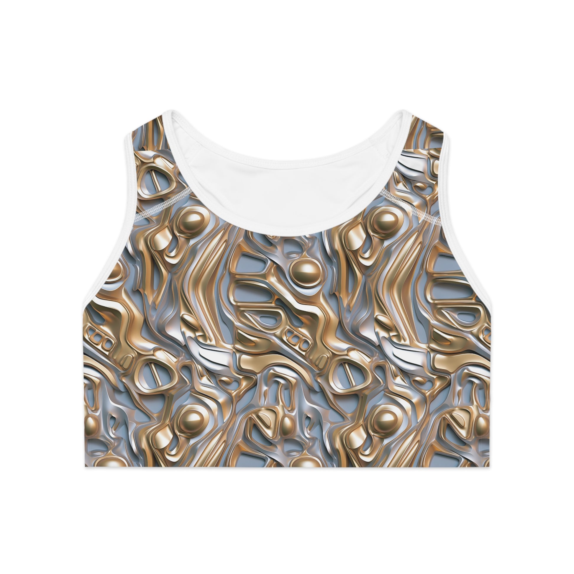 Front view of gold and silver futuristic sports bra with bold metallic pattern and supportive compression band