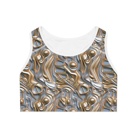 Front view of gold and silver futuristic sports bra with bold metallic pattern and supportive compression band
