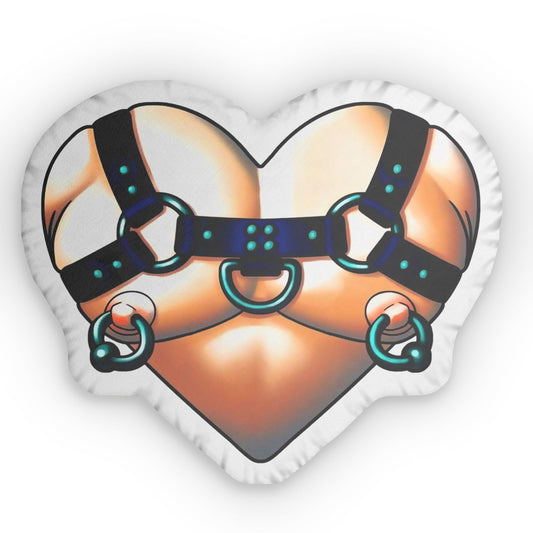 Front view of heart-shaped BDSM harness man pillow with soft fabric and bold kink-inspired design
