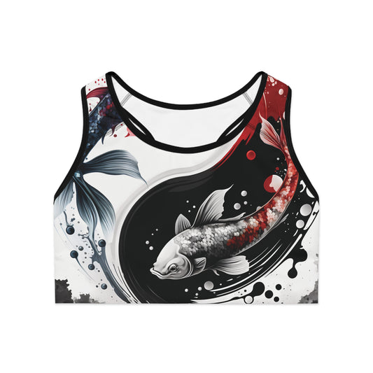Front view of koi fish sports bra with symbolic fish print and compression fit design for high-impact support