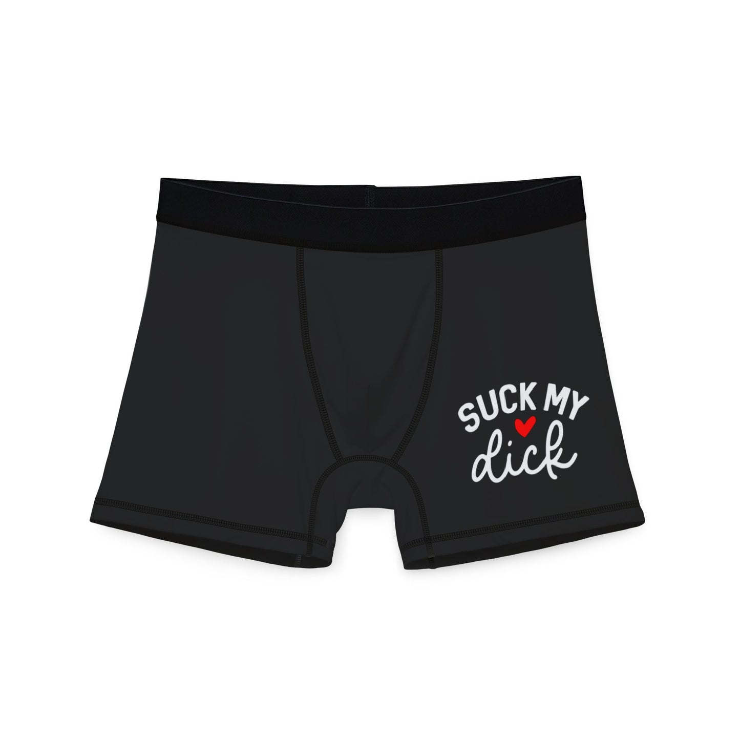 Front view of men’s “Suck My Dick” funny graphic boxers with bold white print and soft waistband

