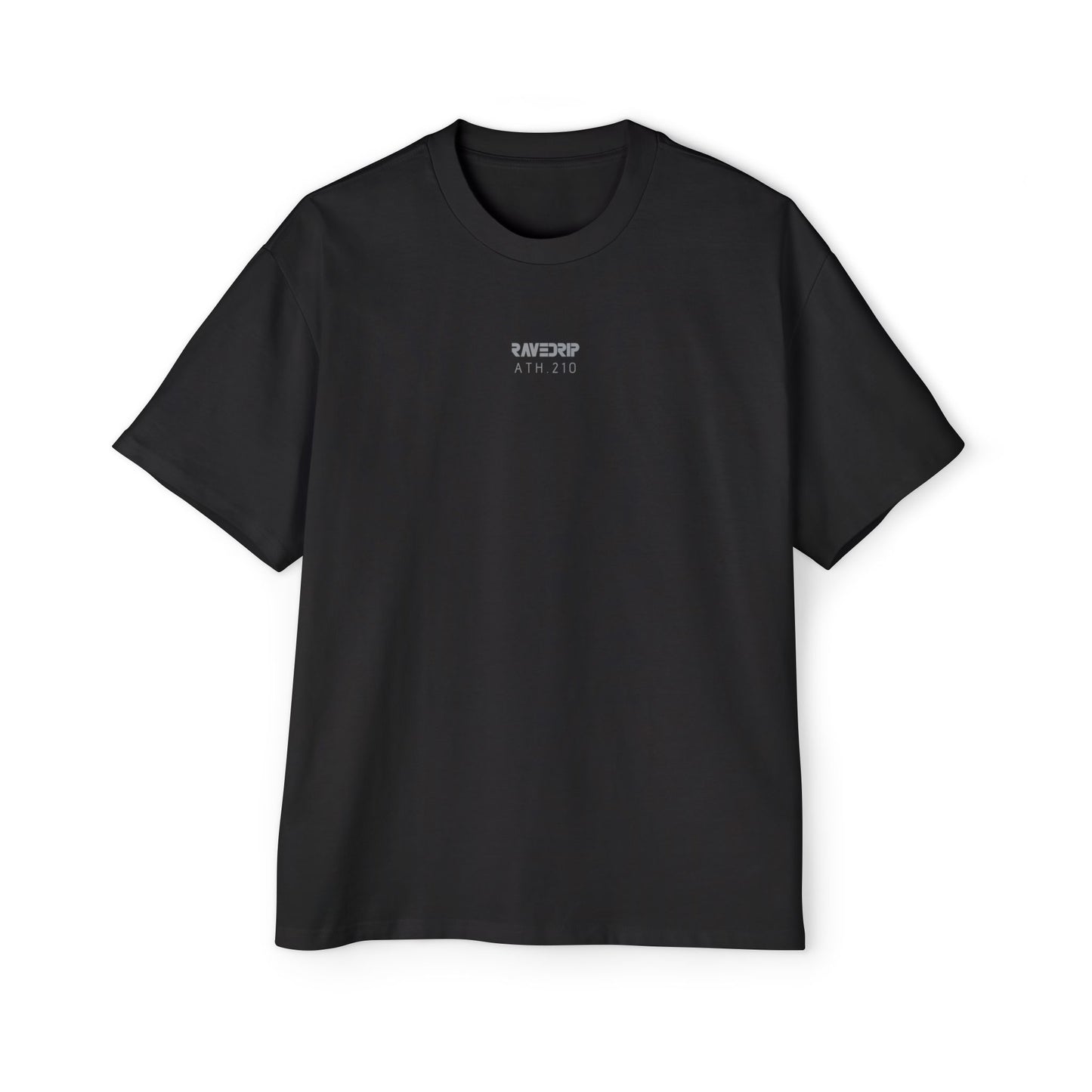Front view of men's black heavyweight oversized RAVEDRIP tee featuring tonal charcoal grey logo and ATH.210 technical branding.