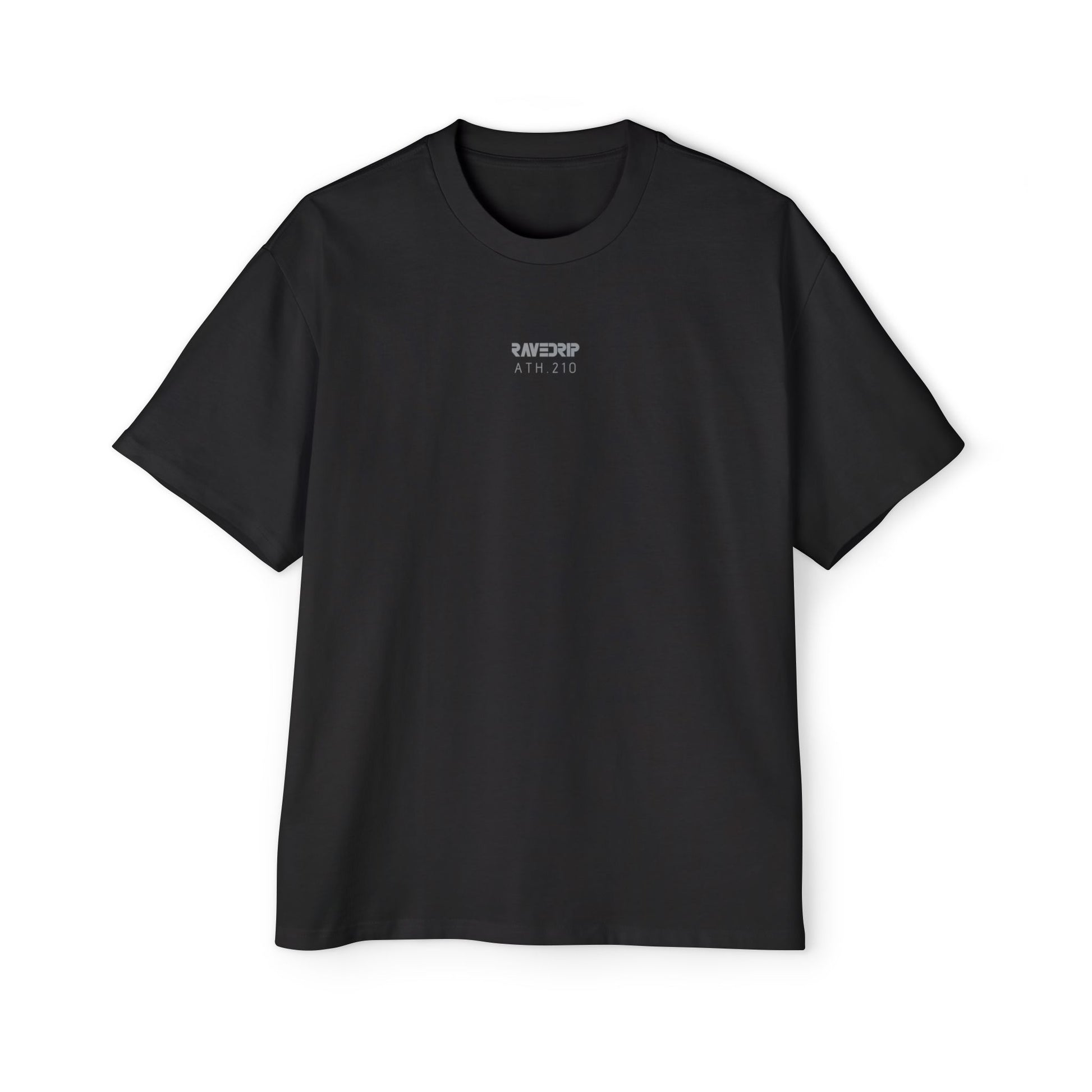 Front view of men's black heavyweight oversized RAVEDRIP tee featuring tonal charcoal grey logo and ATH.210 technical branding.