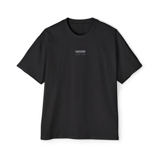 Front view of men's black heavyweight oversized RAVEDRIP tee featuring tonal charcoal grey logo and ATH.210 technical branding.