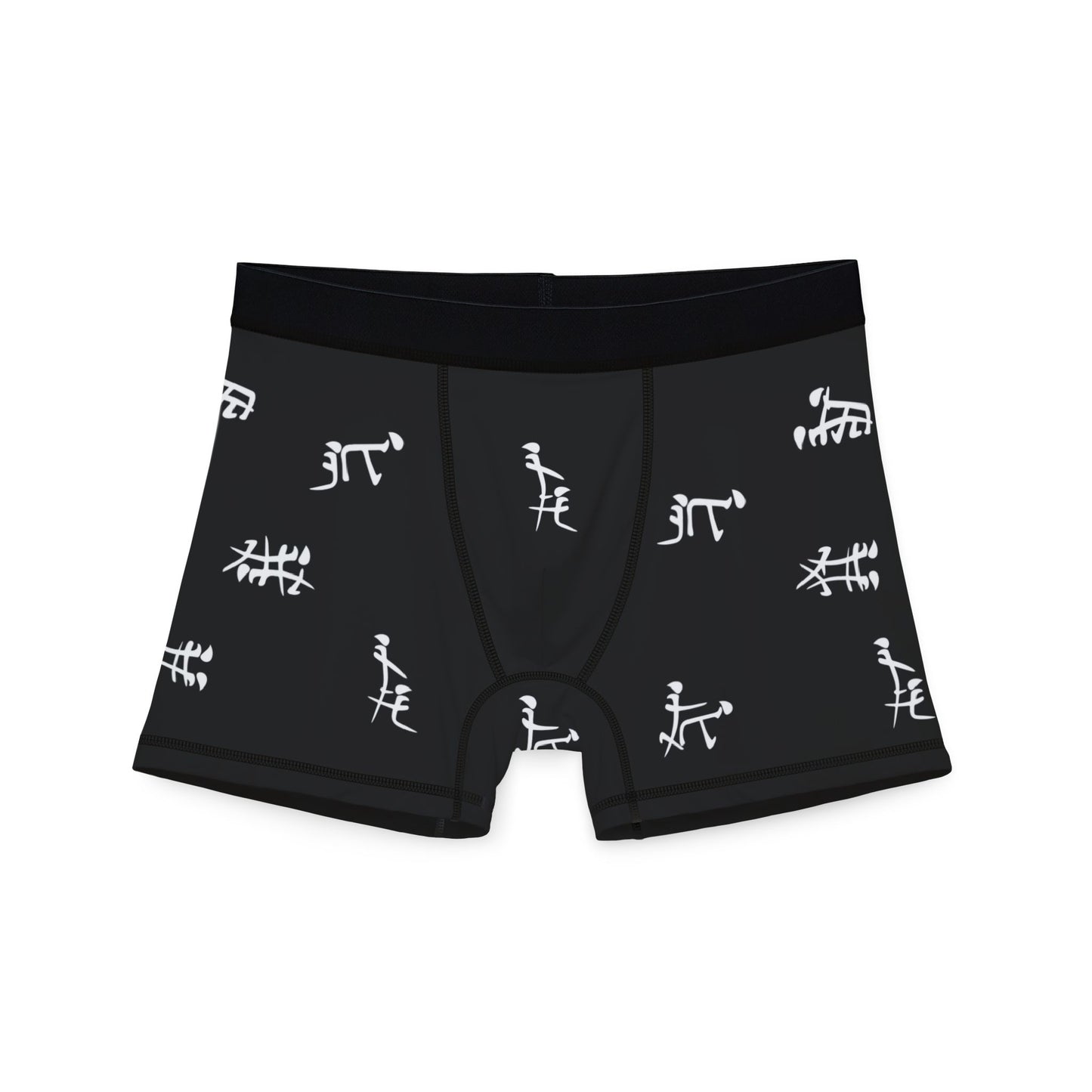 Front view of men’s boxers with kanji sex positions print, bold Japanese-inspired design and soft waistband
