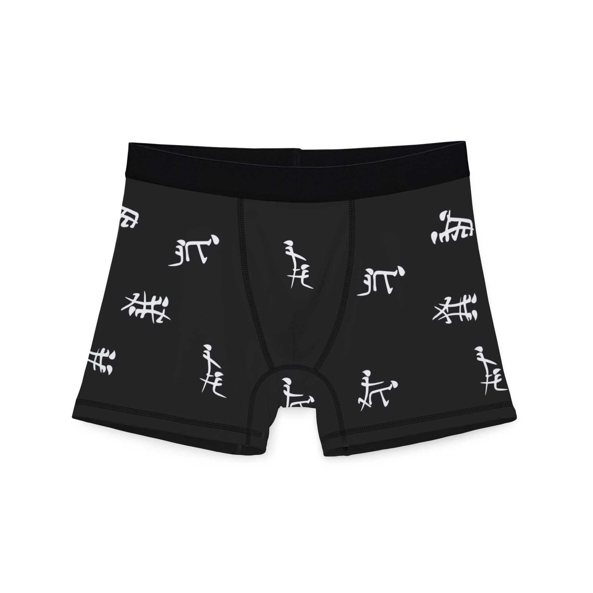 Front view of men’s boxers with kanji sex positions print, bold Japanese-inspired design and soft waistband
