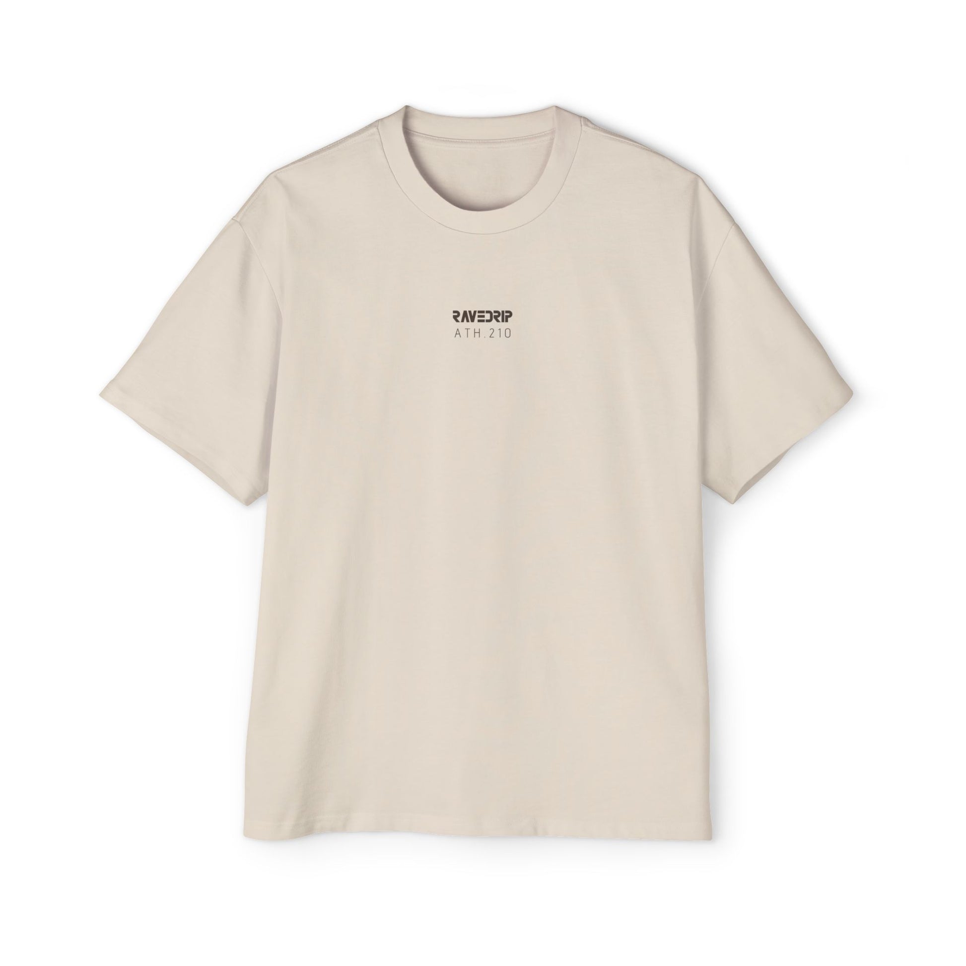 Front view of men's heavyweight oversized RAVEDRIP tee in Ecru featuring minimal charcoal grey logo and ATH.210 technical branding.