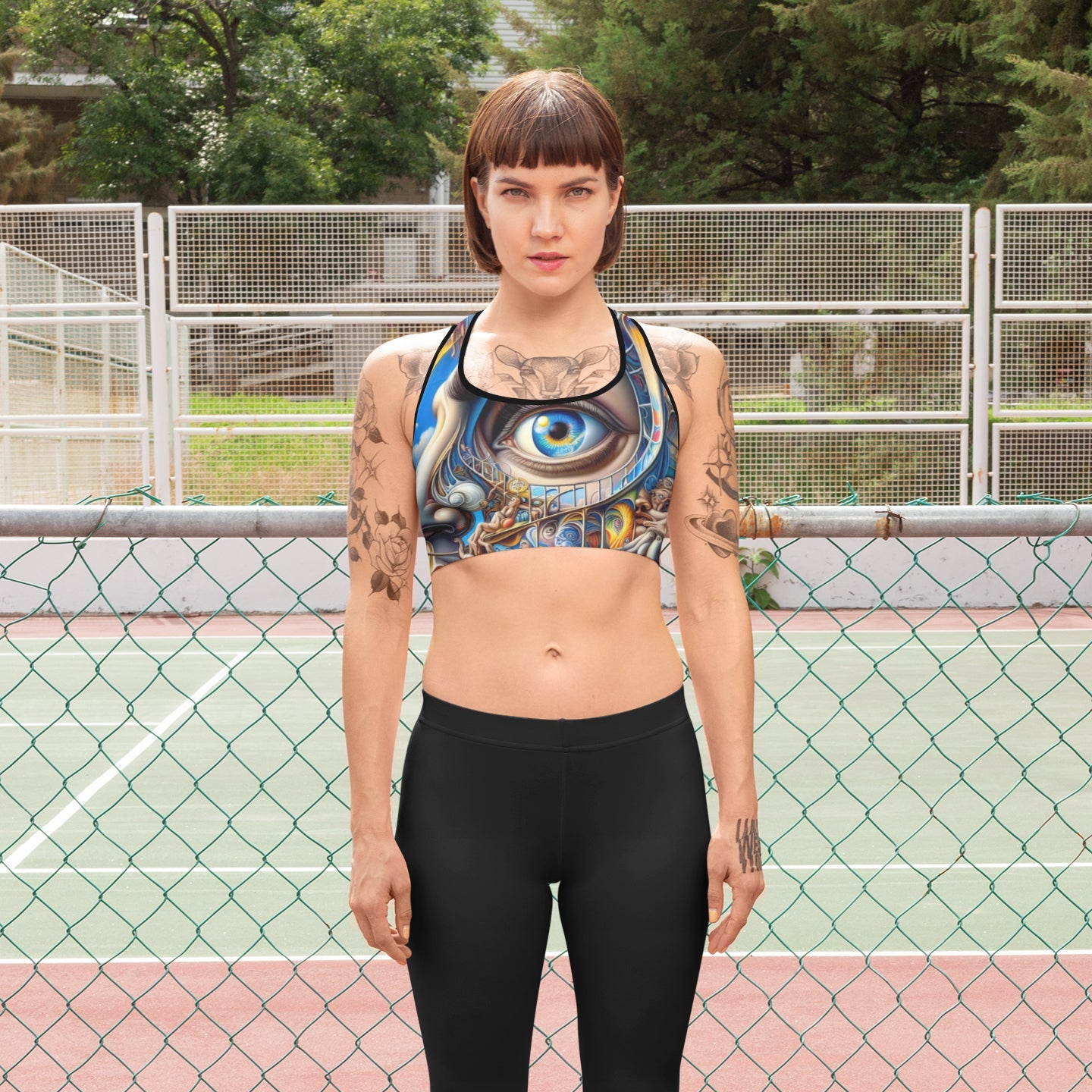 Front view of model wearing vibrant surreal artistic sports bra with bold all-over abstract print and compression fit for active performance