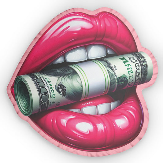 Front view of money lips-shaped pillow with bold cash print, soft plush fabric and luxe finish
