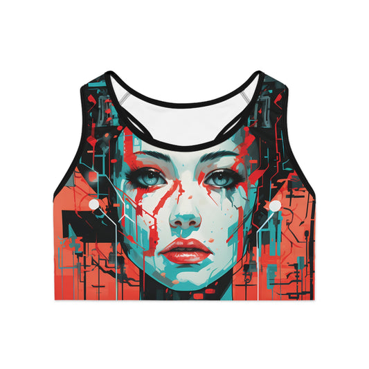 Front view of orange and blue futuristic print sports bra with compression fit and bold color-blocked cyber design