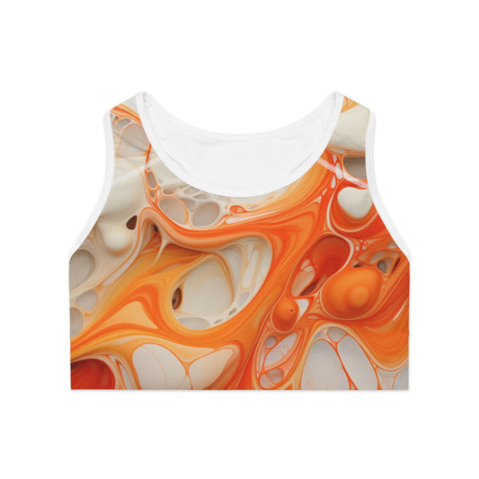Front view of orange marble sports bra with bold abstract marble print and compression support band


