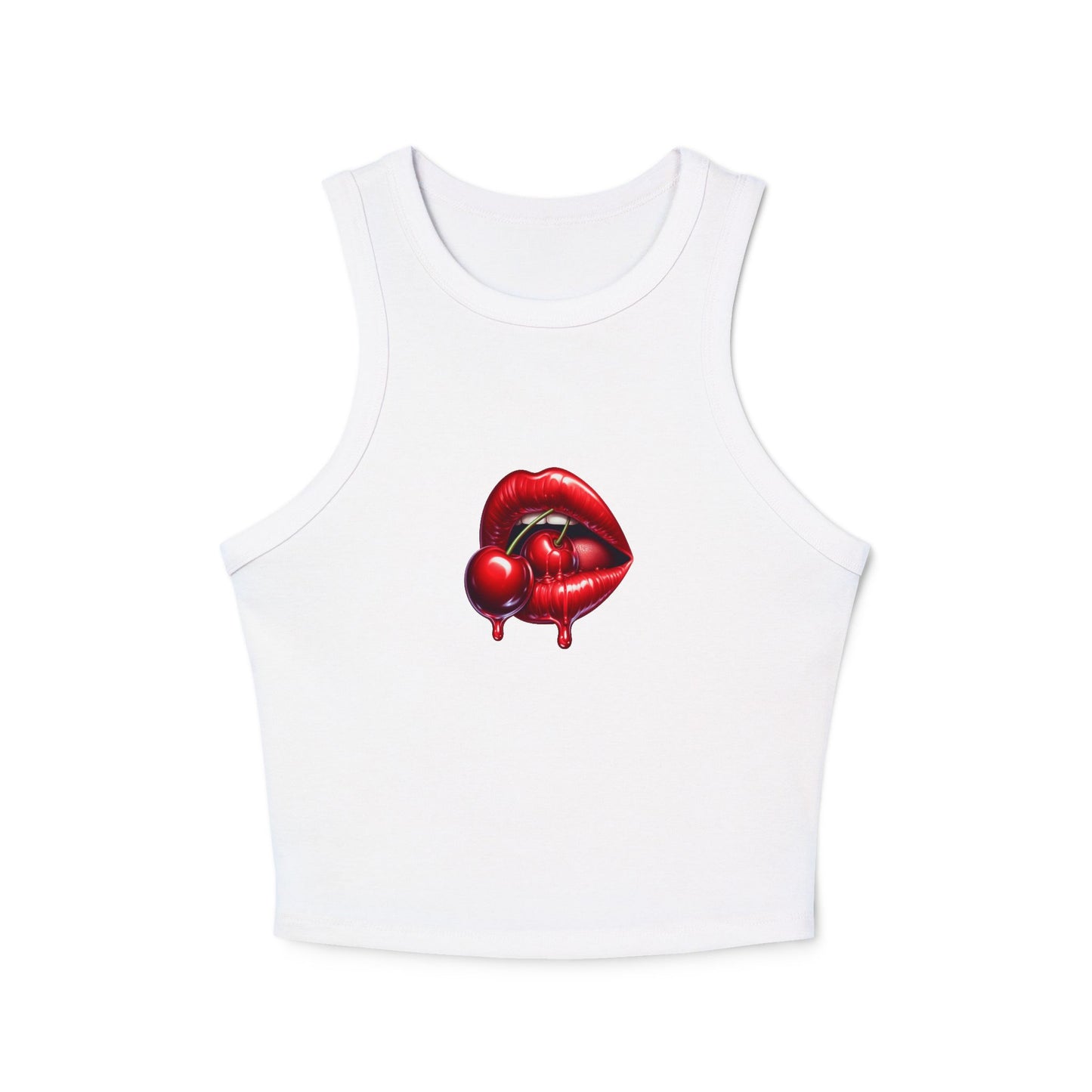 Front view of red Cherry Kiss ribbed racer crop tank with high neck design

