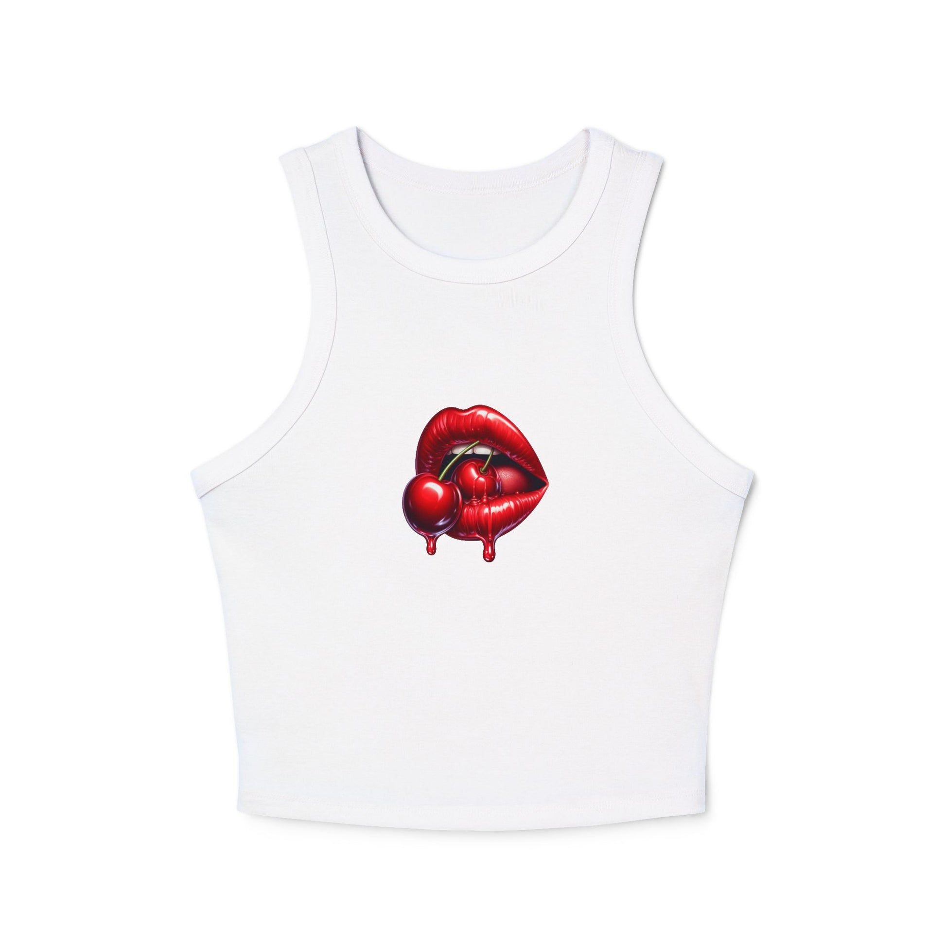 Front view of red Cherry Kiss ribbed racer crop tank with high neck design

