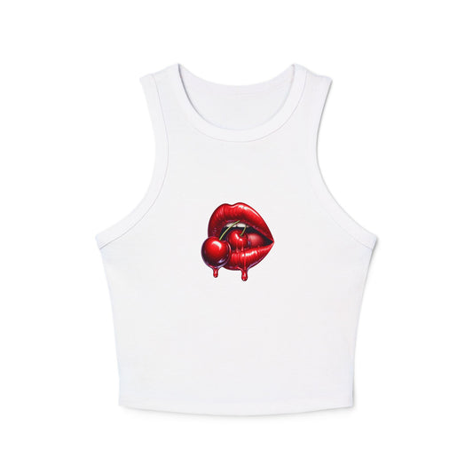 Front view of red Cherry Kiss ribbed racer crop tank with high neck design

