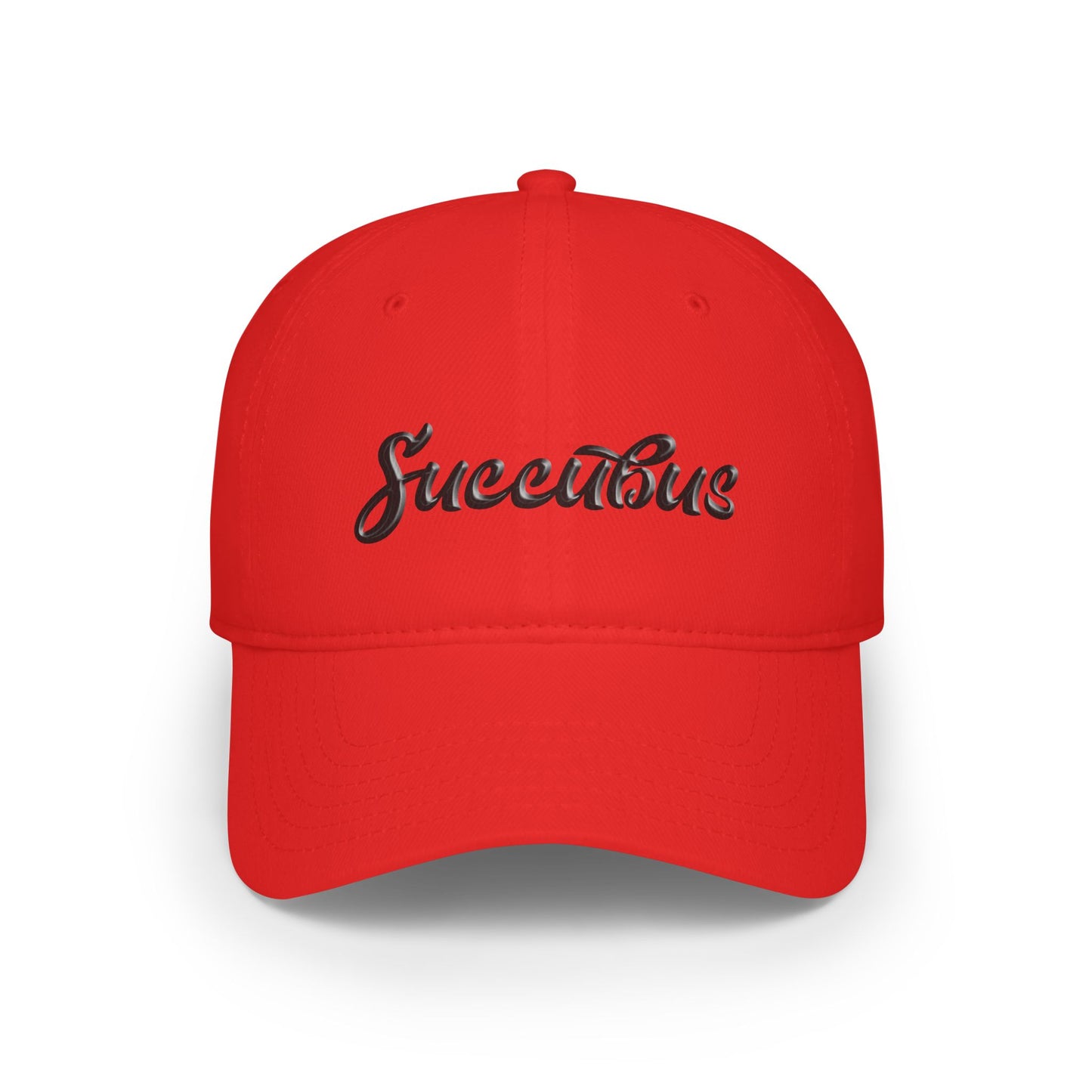 Front view of red cotton cap with 'Succubus' print, laid-back unstructured style