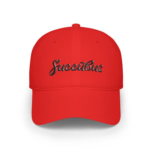 Front view of red cotton cap with 'Succubus' print, laid-back unstructured style