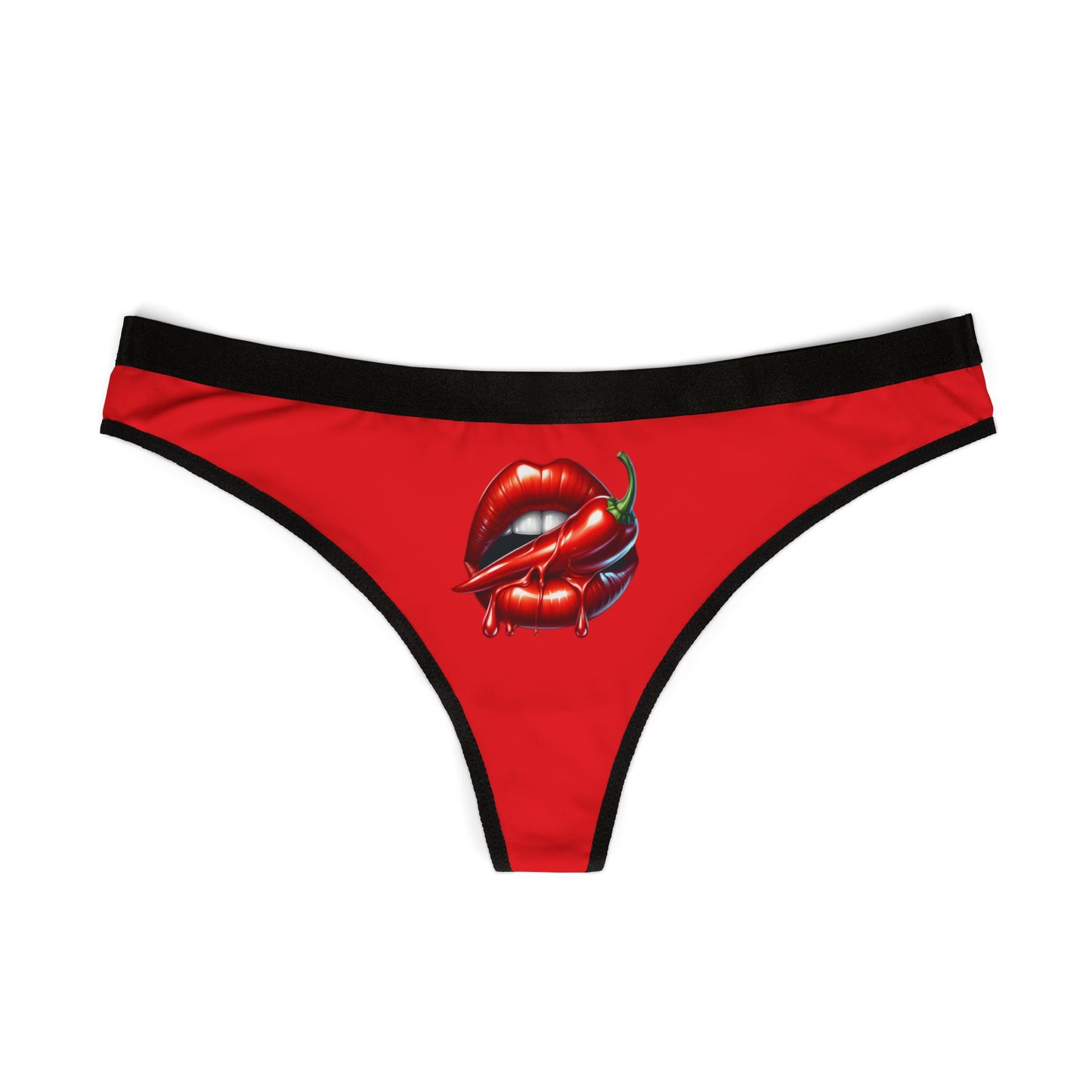 Front view of red women’s thong with chili pepper lips graphic and wide elastic waistband

