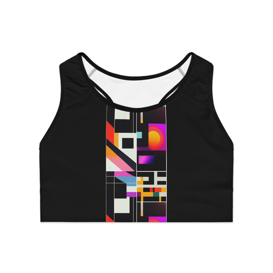 Front view of retrofuturistic sports bra with bold vintage sci-fi pattern and high-support compression band