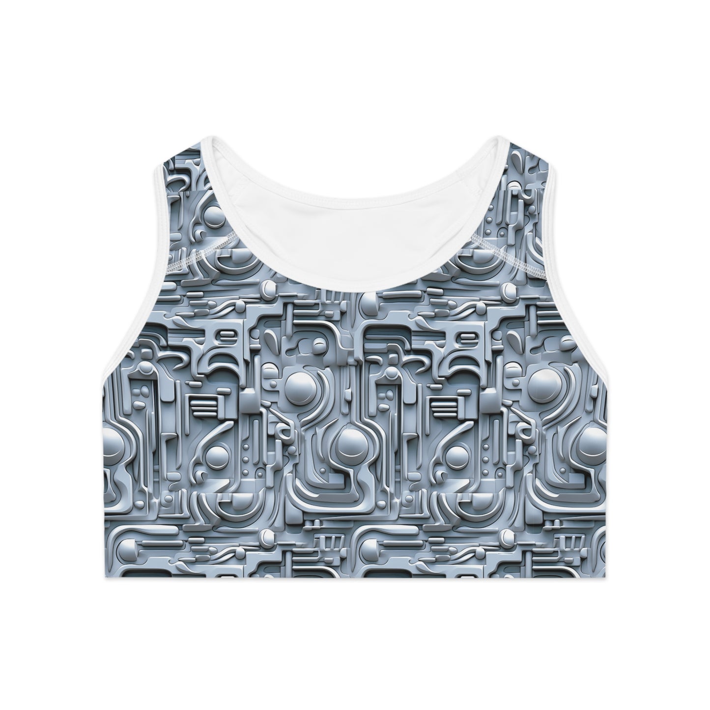 Front view of silver futuristic sports bra with reflective chrome-inspired pattern and supportive compression band
