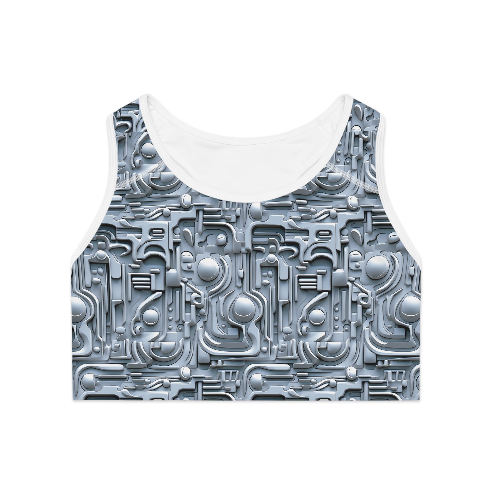 Front view of silver futuristic sports bra with reflective chrome-inspired pattern and supportive compression band
