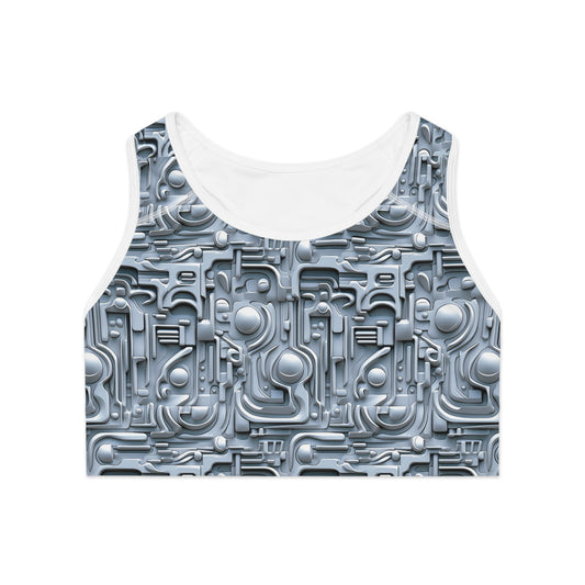 Front view of silver futuristic sports bra with reflective chrome-inspired pattern and supportive compression band
