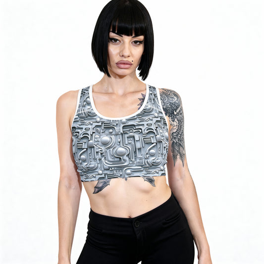 Silver Futuristic Sports Bra – Shine Hard. Train Smart.