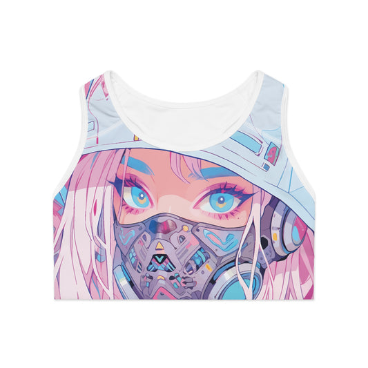 Front view of the Futuristic Anime Girl Sports Bra laid flat — bold anime-style graphic with high neckline and racerback cut
