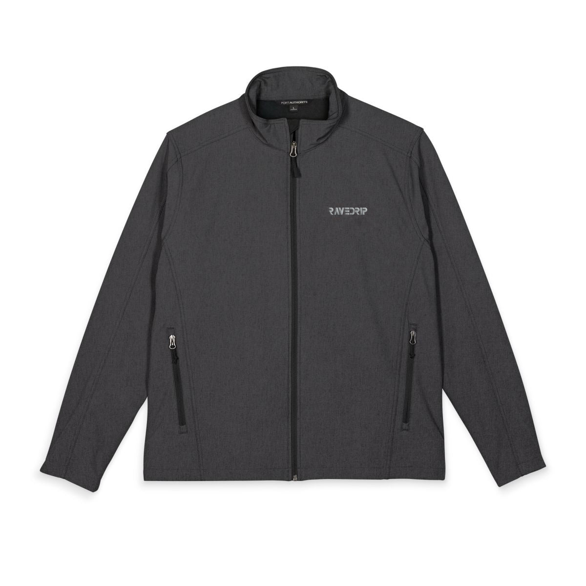 Front view of the RAVEDRIP Sector 210 Soft Shell Jacket in Charcoal Grey featuring silver logo embroidery and technical zipper details.