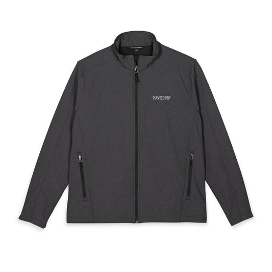 Front view of the RAVEDRIP Sector 210 Soft Shell Jacket in Charcoal Grey featuring silver logo embroidery and technical zipper details.