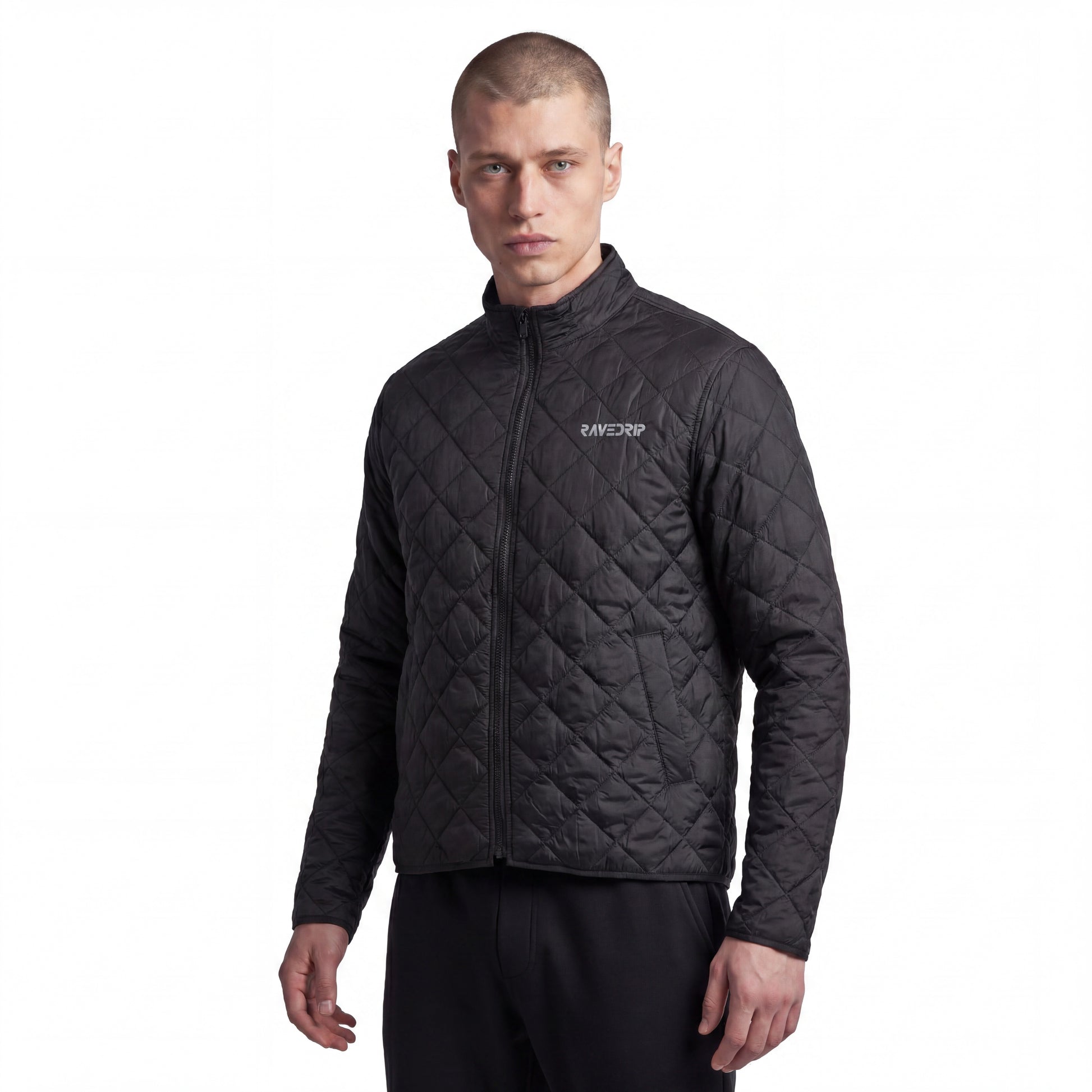 Front view of the RAVEDRIP black diamond quilted full-zip streetwear jacket with an embroidered chest logo and cropped collar.