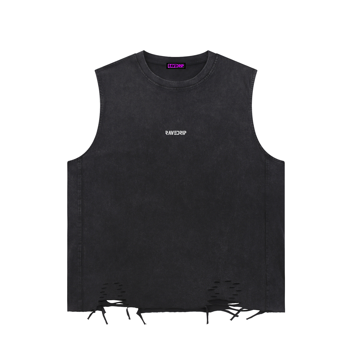 Front view of the RAVEDRIP snow-washed raw-hem tank top, featuring a distressed hem and relaxed sleeveless silhouette.