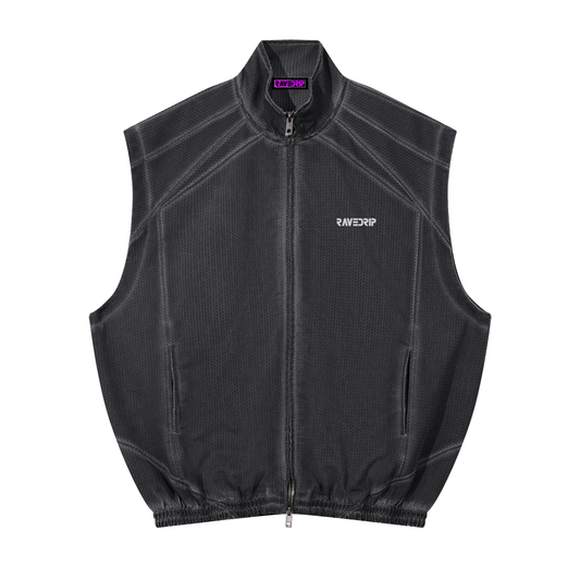 Front view of the RAVEDRIP unisex vintage wash mesh full-zip vest, featuring a stand collar, front zip, and boxy sleeveless silhouette.