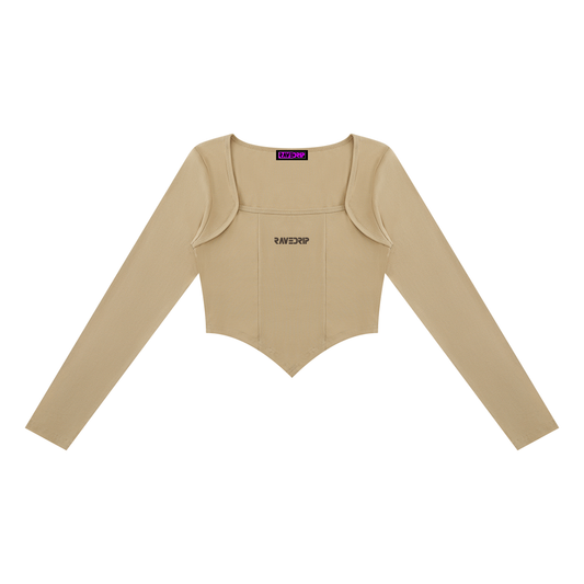 Front view of the RAVEDRIP women's square neck cropped T-shirt, featuring a fitted silhouette and long sleeves.