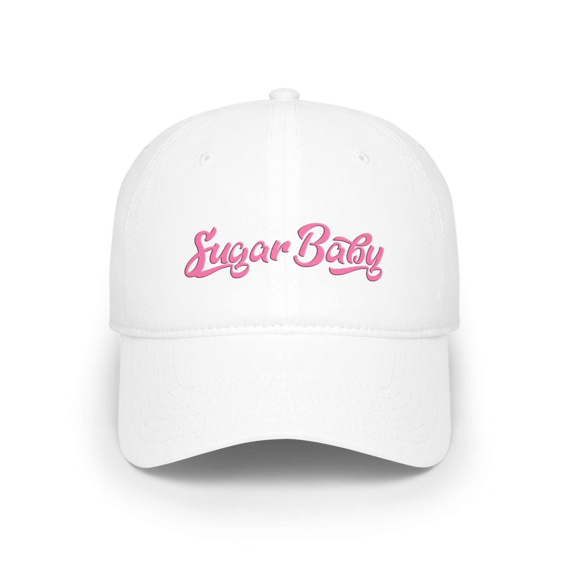 Front view of white “Sugar Baby” cotton cap with relaxed unstructured fit and adjustable Velcro strap

