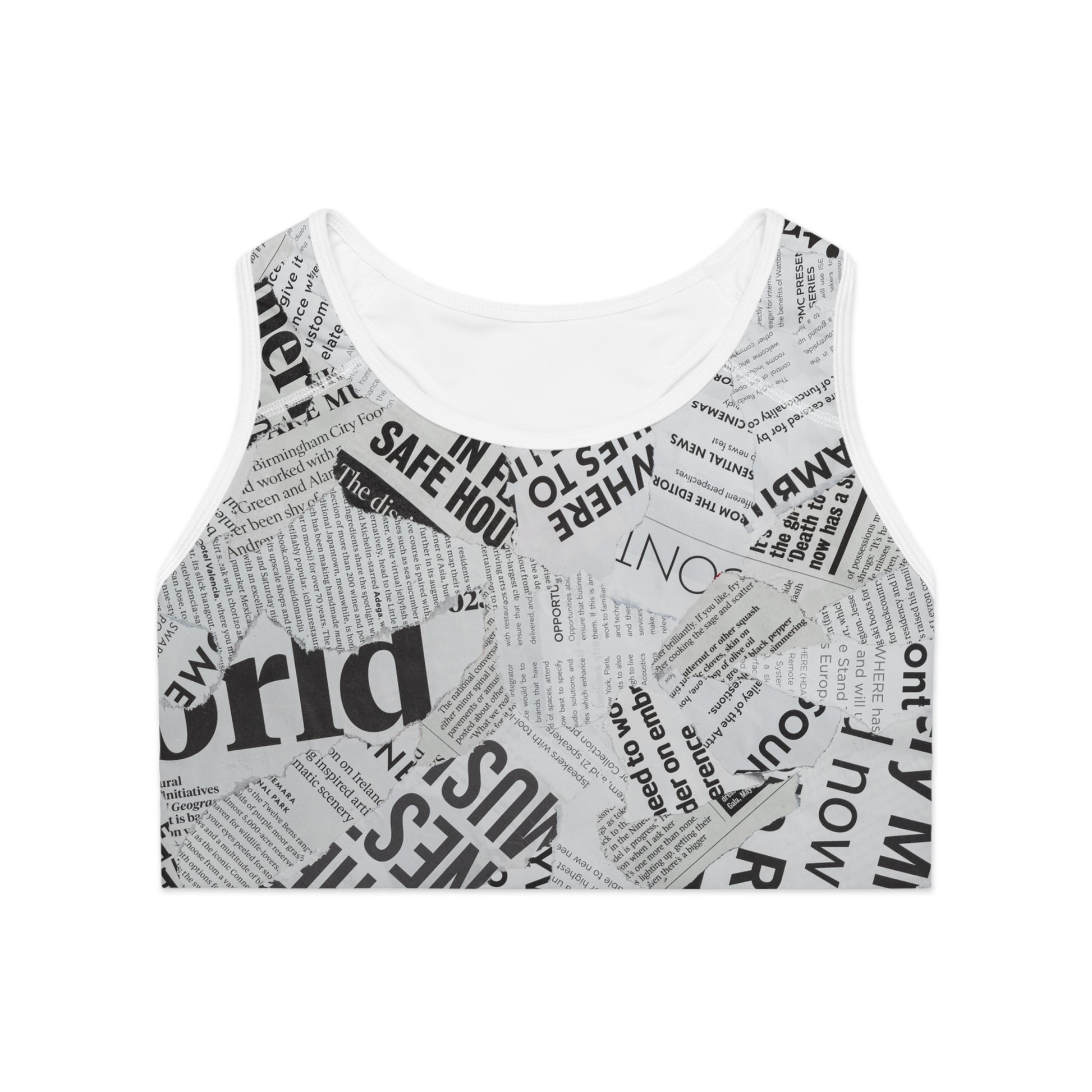 Front view of white magazine sports bra with bold editorial collage print and wide compression band