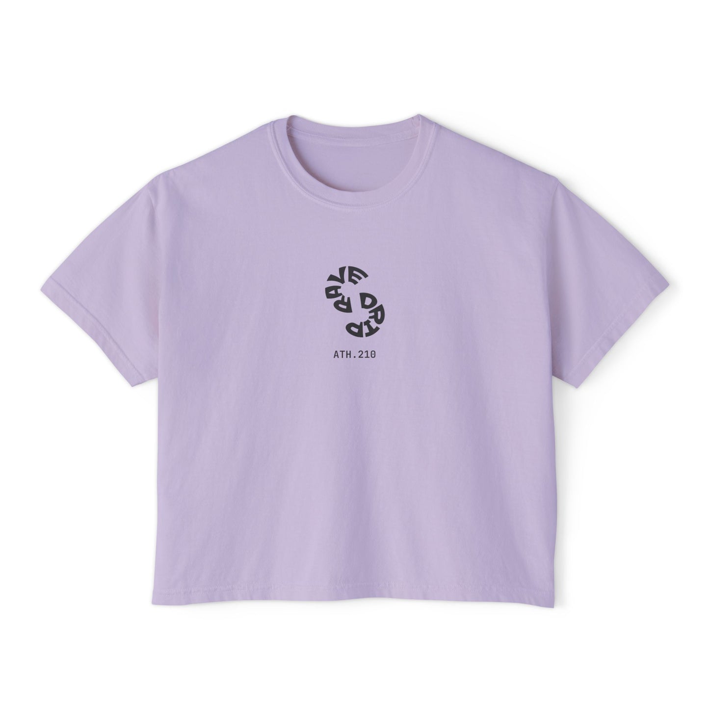 Front view of women's boxy RAVEDRIP tee in Orchid pink featuring circular Vortex logo and ATH.210 technical branding.