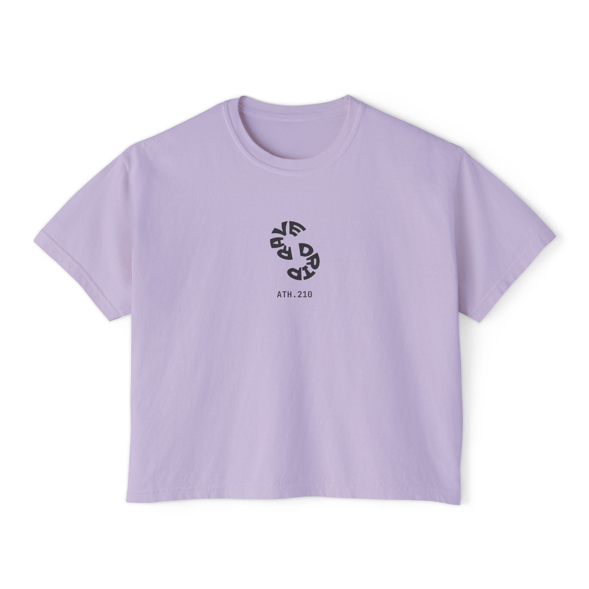 Front view of women's boxy RAVEDRIP tee in Orchid pink featuring circular Vortex logo and ATH.210 technical branding.