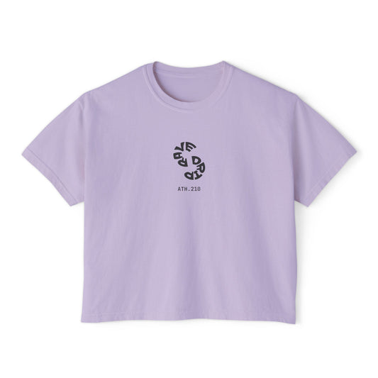 Front view of women's boxy RAVEDRIP tee in Orchid pink featuring circular Vortex logo and ATH.210 technical branding.