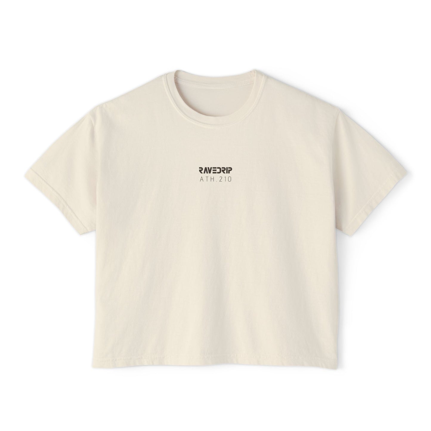 Front view of women's ivory boxy RAVEDRIP tee featuring minimal charcoal grey ATH.210 logo branding.