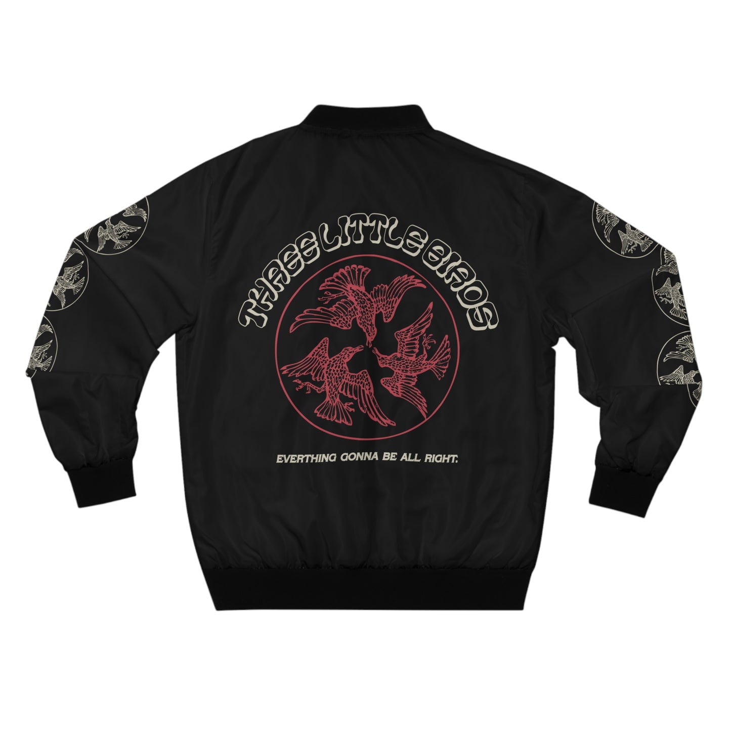 Men's Graphic Bomber Jacket with 'Three Little Birds' all-over print design, featuring rib knit cuffs and front pockets for a trendy and comfortable fit.
