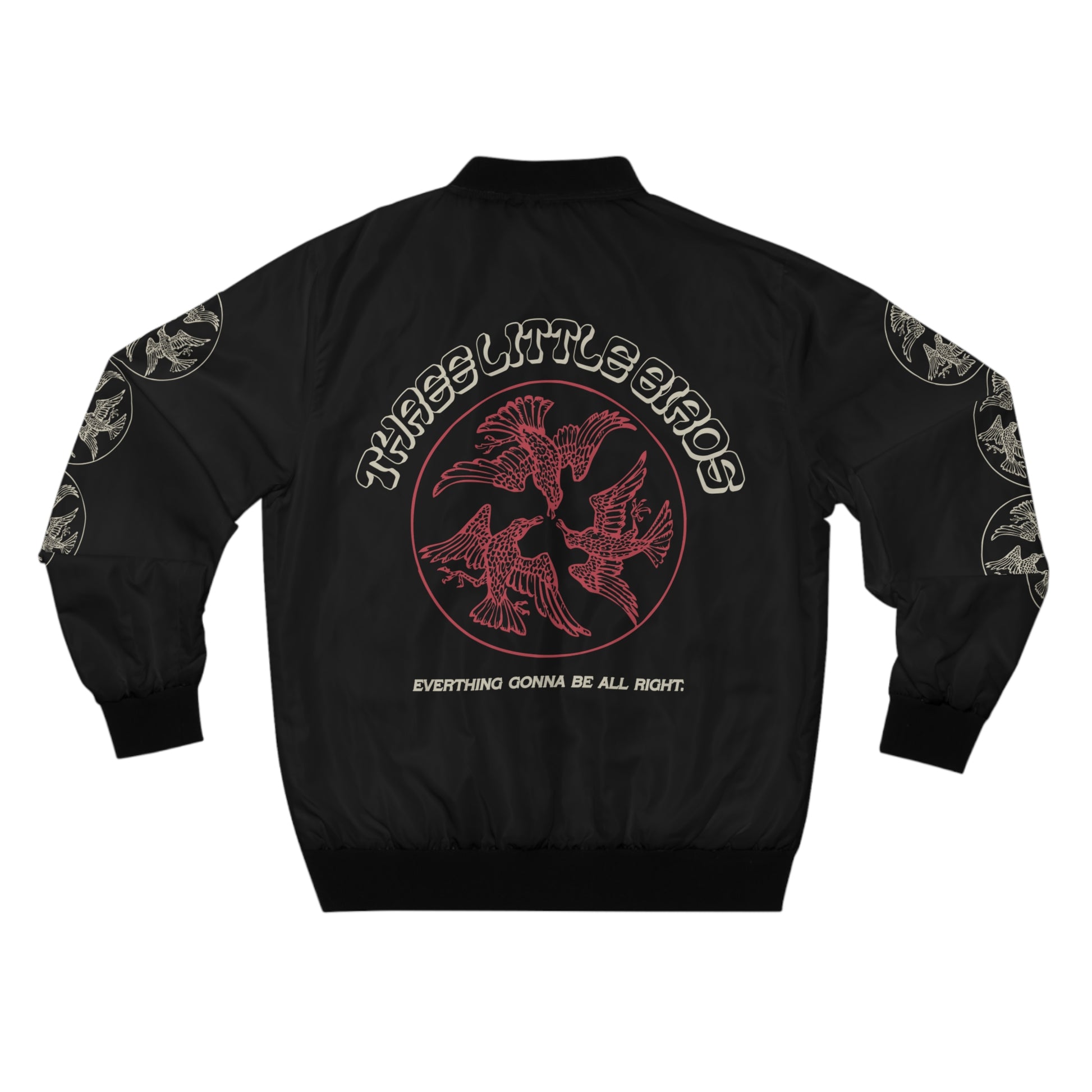 Men's Graphic Bomber Jacket with 'Three Little Birds' all-over print design, featuring rib knit cuffs and front pockets for a trendy and comfortable fit.
