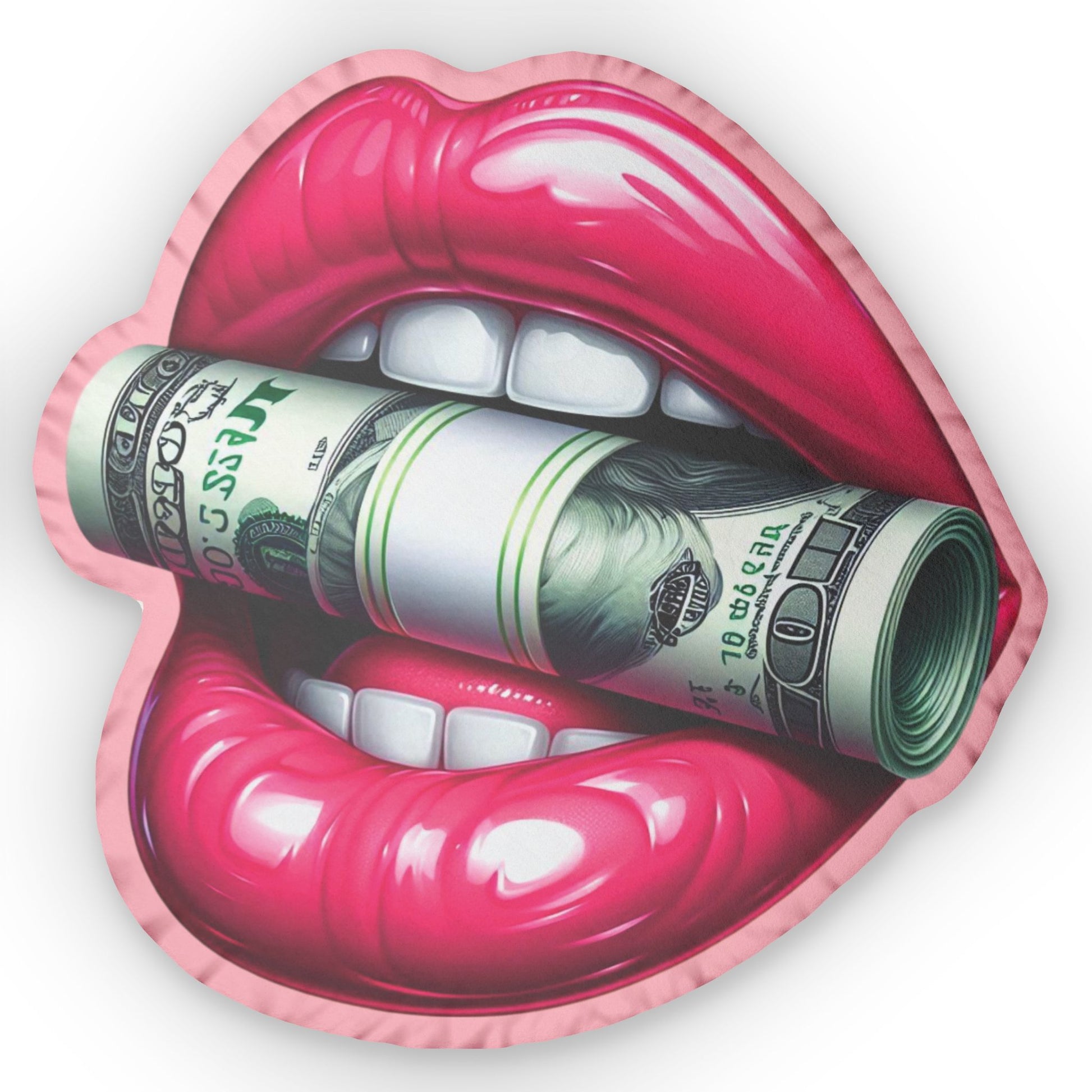 Mirrored back view of money lips plush pillow with smooth polyester texture and hidden white zipper
