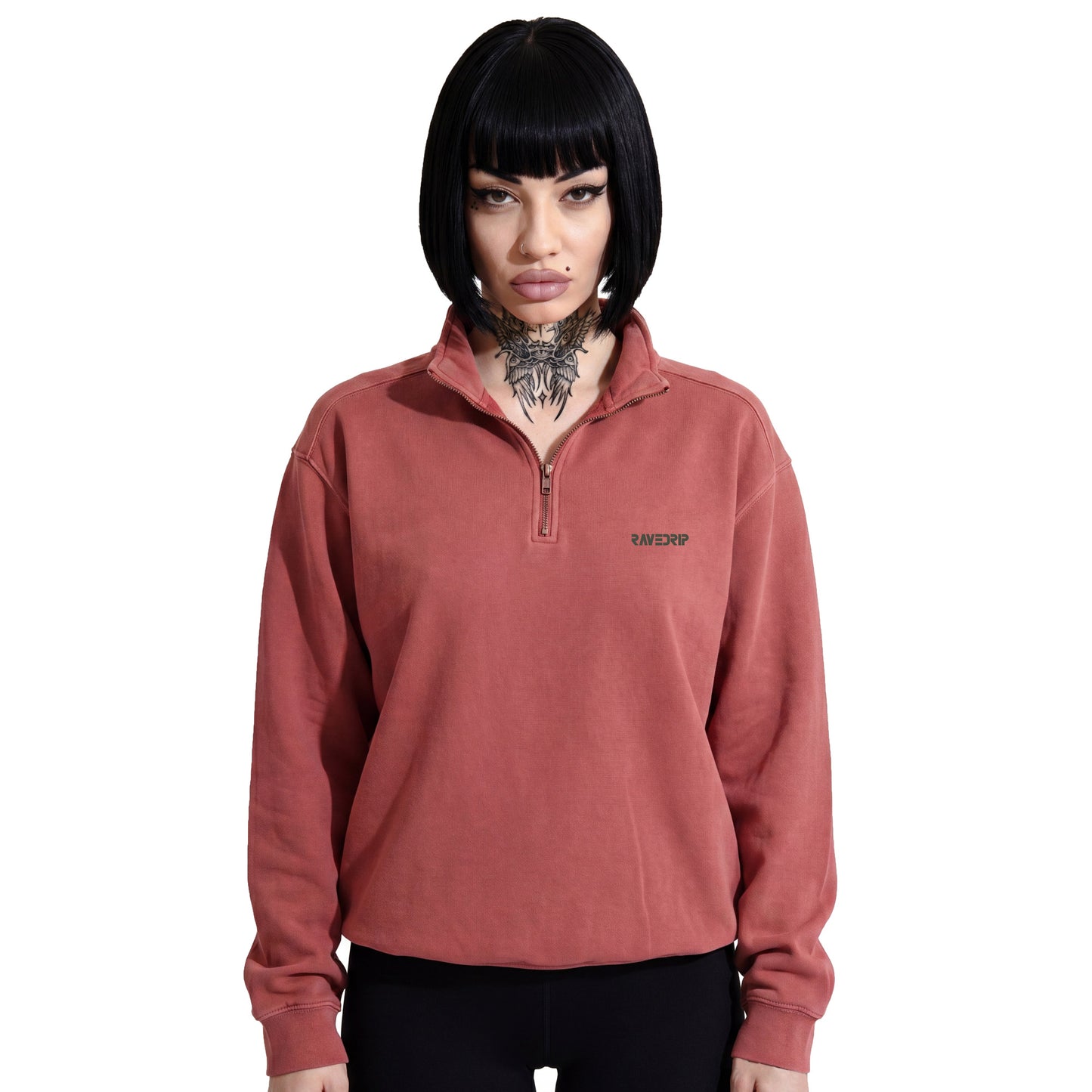 Model styling the RAVEDRIP crimson vintage wash quarter-zip sweatshirt in a cropped boxy silhouette.