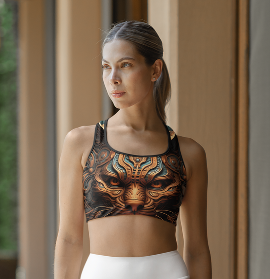 Model wearing 3D Psychedelic Cat Sports Bra – front view highlighting vibrant all-over cat print and supportive fit.